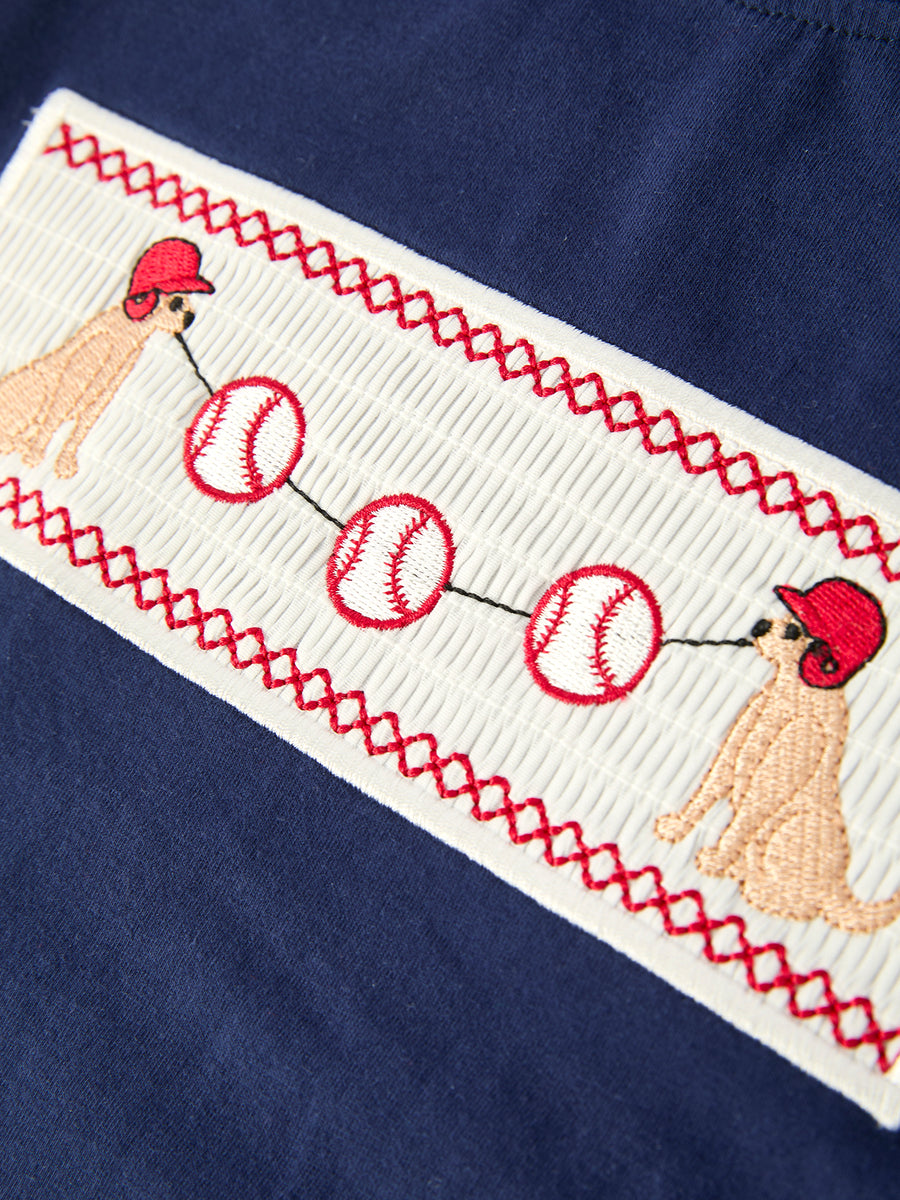 Toddler Boys Outfit – Baseball Dog Smocked Top and Plaid Shorts