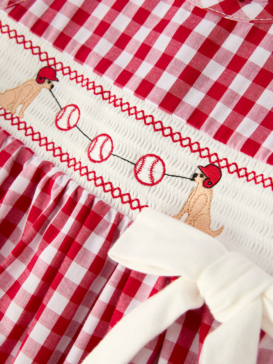 Mommy & Me Girl Dress – Dog Baseball Smocking Embroidery Outfit