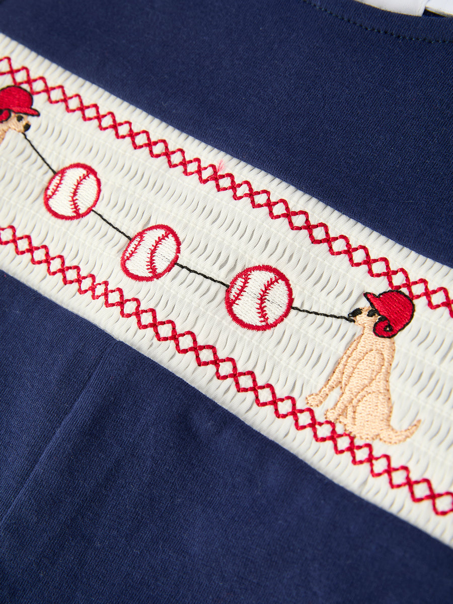 Baby Boys Romper – Dog Baseball Smocking Embroidery Outfit