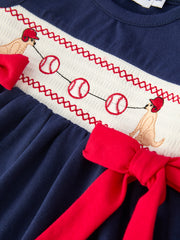 Baby Girls Bloomers Romper Set – Dog Baseball Smocking Embroidery Outfit