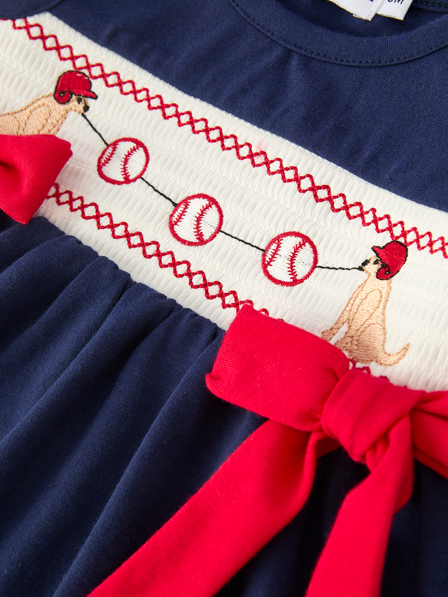 Baby Girls Bloomers Romper Set – Dog Baseball Smocking Embroidery Outfit