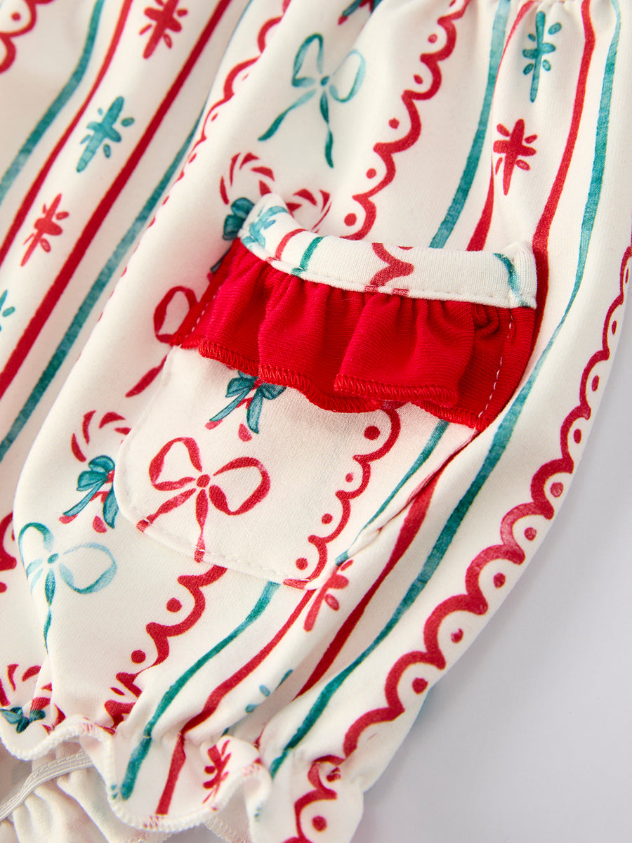 Christmas Baby Girls Romper Stripe Print One-Piece with Ruffle Trim