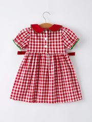 Girls Christmas Outfit – Red Plaid Dress with Tree Bow Accents