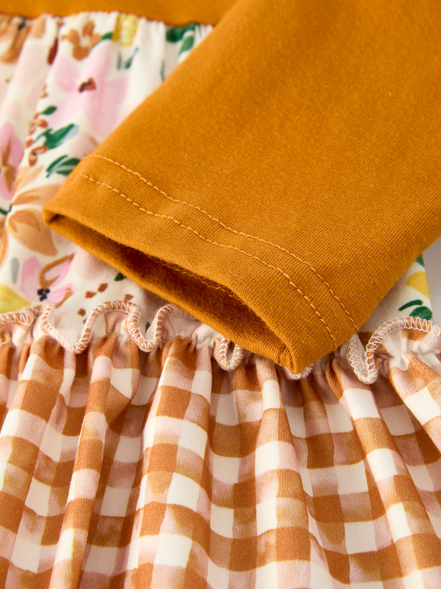 Autumn Patchwork Floral & Plaid Long Sleeve Girls Dress