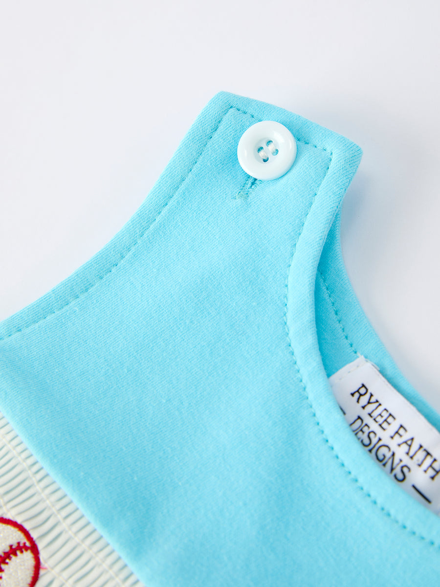 Baby Boy Baseball Romper – Blue Sleeveless Sports Outfit with Embroidery