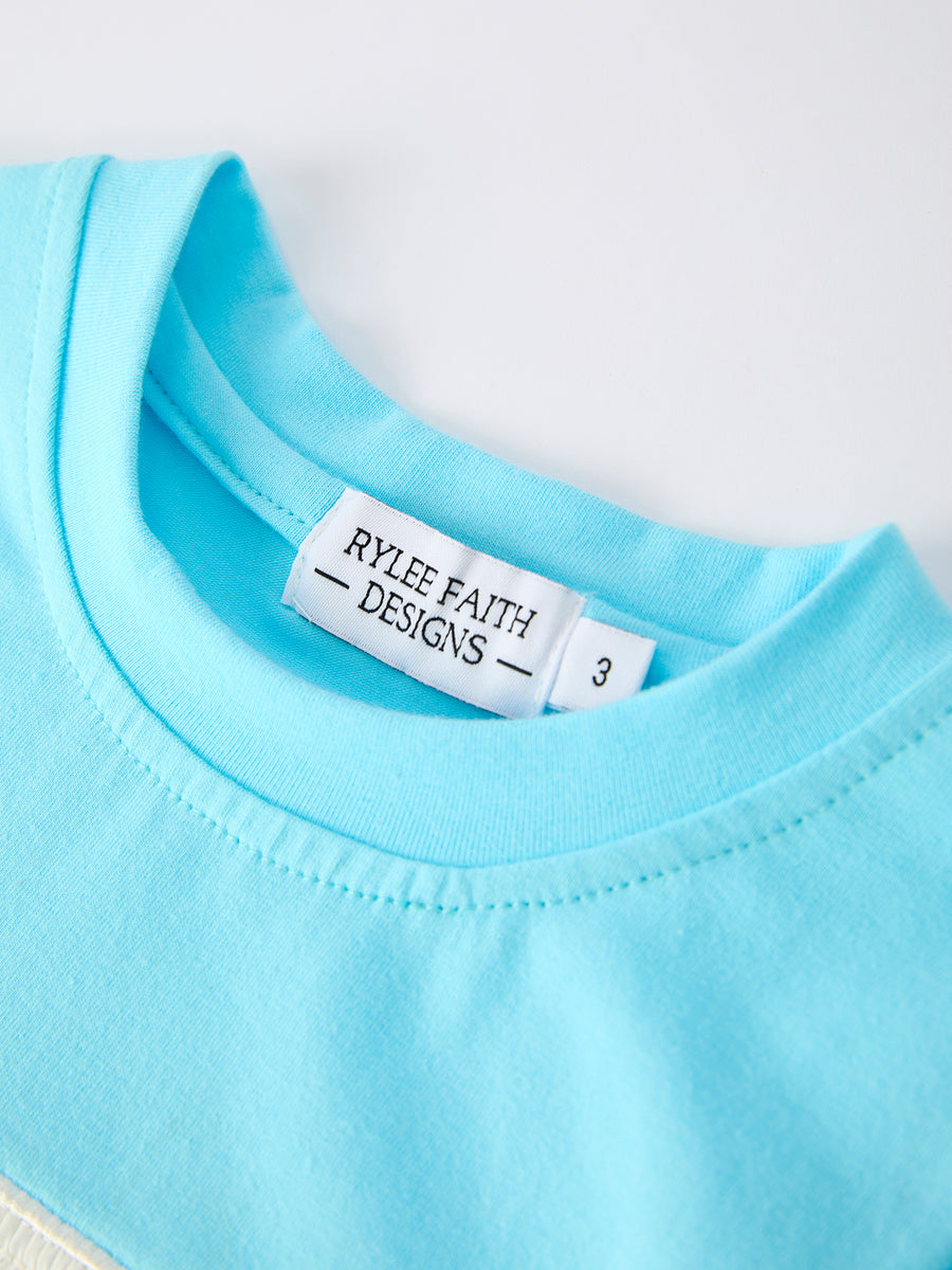 Boys Baseball Embroidery Blue T-shirt and Red Stripe Shorts Set