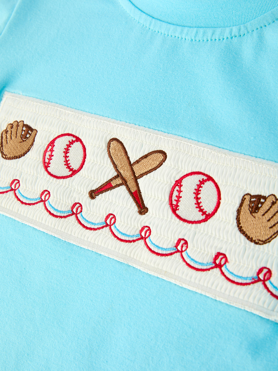 Boys Baseball Embroidery Blue T-shirt and Red Stripe Shorts Set