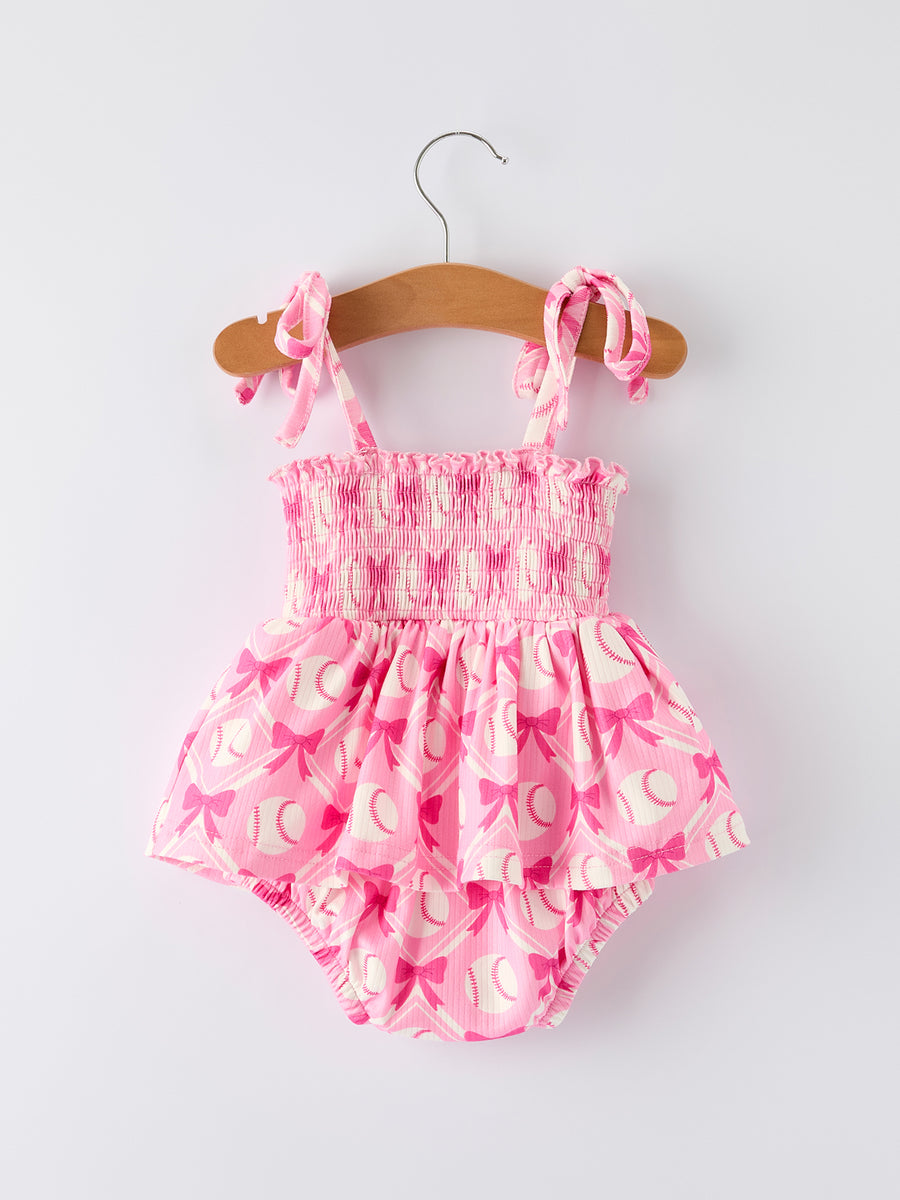 Baby Girl Pink Baseball Bow Print Romper Summer Outfit