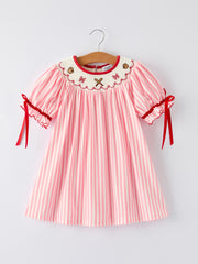 Girls Summer Baseball Embroidery Dress – Pink Stripe Casual Outfit