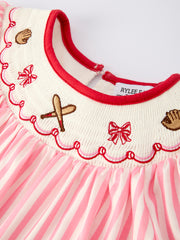 Girls Summer Baseball Embroidery Dress – Pink Stripe Casual Outfit