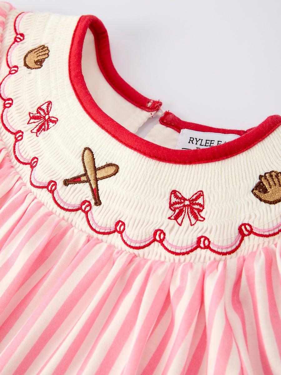 Girls Summer Baseball Embroidery Dress – Pink Stripe Casual Outfit