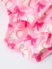 Baby Girl Pink Baseball Bow Print Romper Summer Outfit