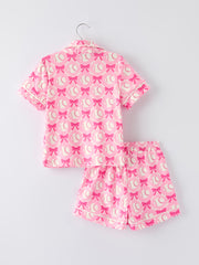 Girls Baseball Bow Print Pajama Set Short Sleeve Pink