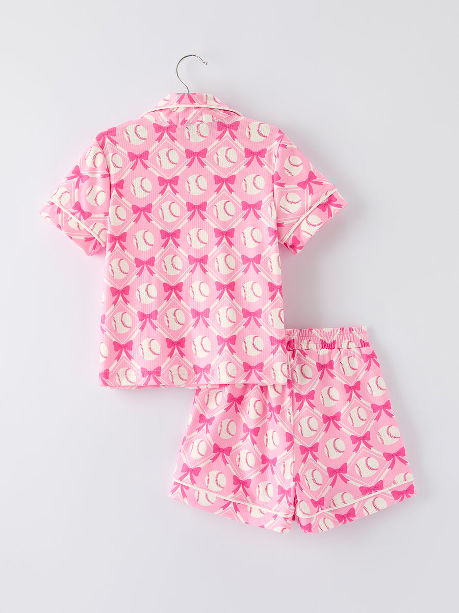 Girls Baseball Bow Print Pajama Set Short Sleeve Pink