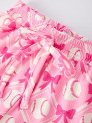 Girls Baseball Bow Print Pajama Set Short Sleeve Pink