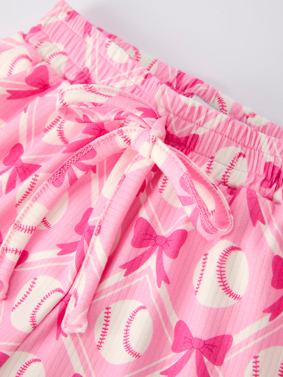 Girls Baseball Bow Print Pajama Set Short Sleeve Pink