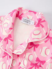 Girls Baseball Bow Print Pajama Set Short Sleeve Pink