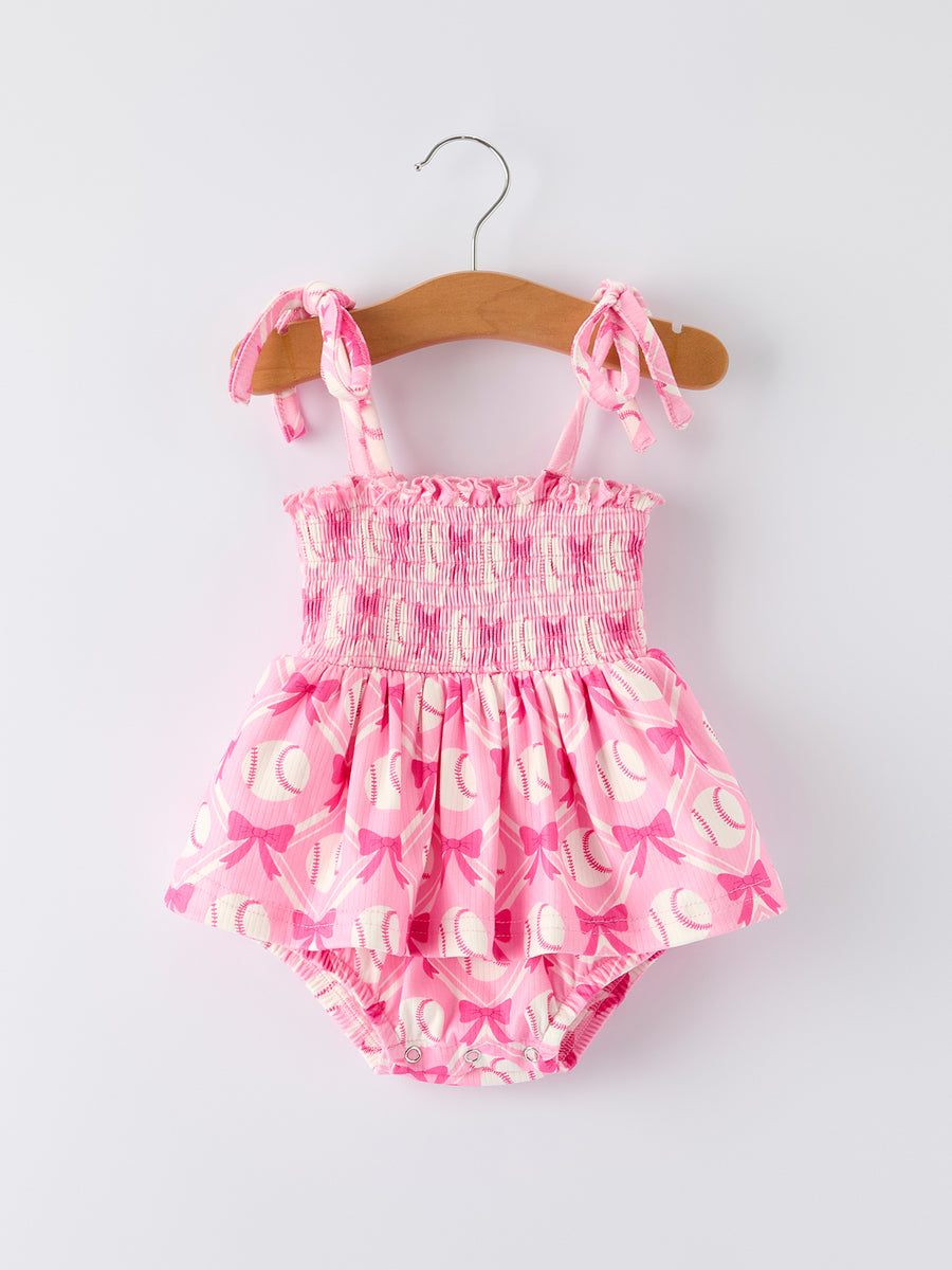 Baby Girl Pink Baseball Bow Print Romper Summer Outfit
