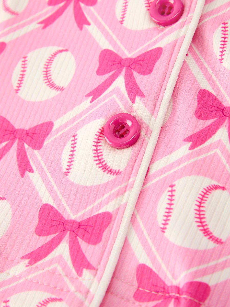 Girls Baseball Bow Print Pajama Set Short Sleeve Pink