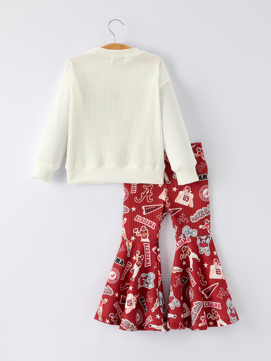 Girls Game Day Outfit – Roll Tide Elephant Top and Red Pattern Flare Pants