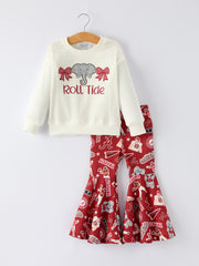 Girls Game Day Outfit – Roll Tide Elephant Top and Red Pattern Flare Pants