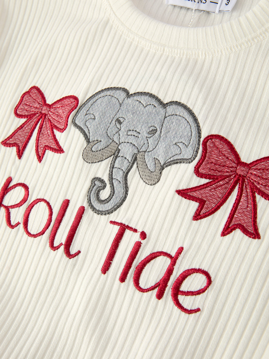 Girls Game Day Outfit – Roll Tide Elephant Top and Red Pattern Flare Pants