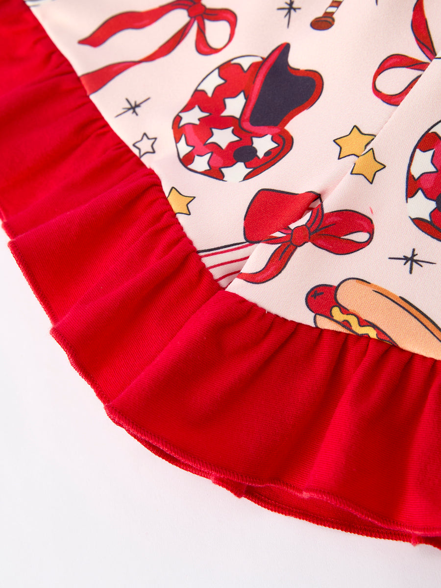 Girls Pajama Set with Red Bows Baseball Print