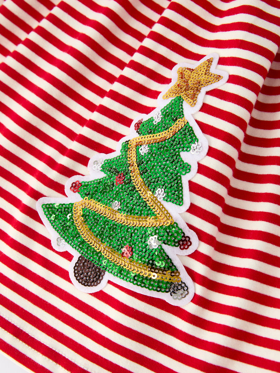 Toddler Girls Christmas Dress – Striped Outfit with Sequin Tree
