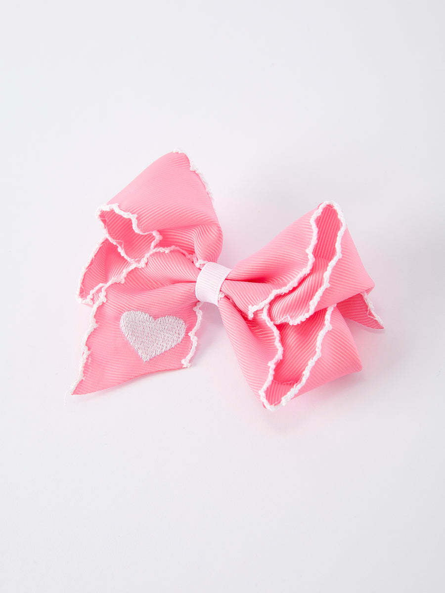 Valentine Cute Pink Bow Hair Clip with White Heart Embroidery for Girls