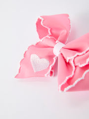 Valentine Cute Pink Bow Hair Clip with White Heart Embroidery for Girls