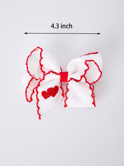 Valentine’s Hair Bow – White Ribbon with Red Heart Embroidery