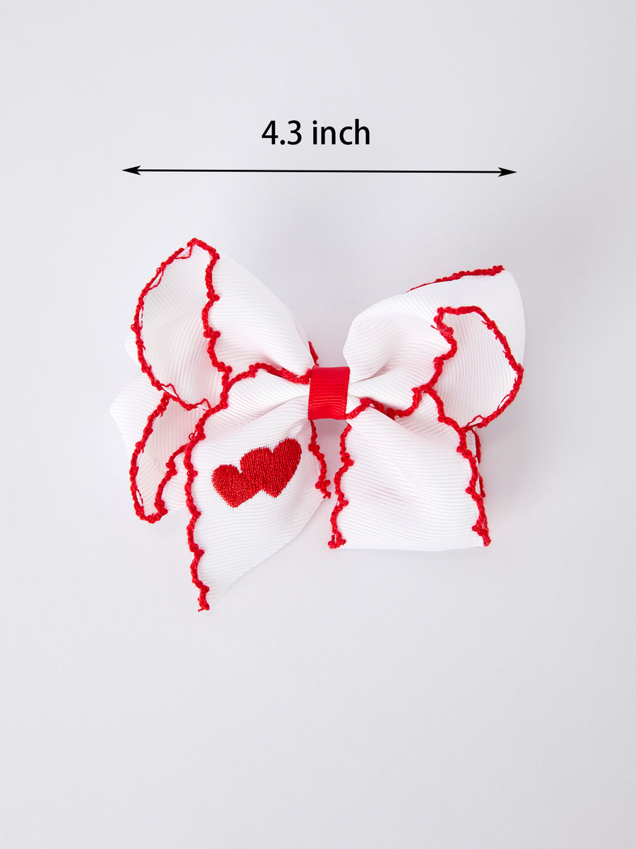 Valentine’s Hair Bow – White Ribbon with Red Heart Embroidery