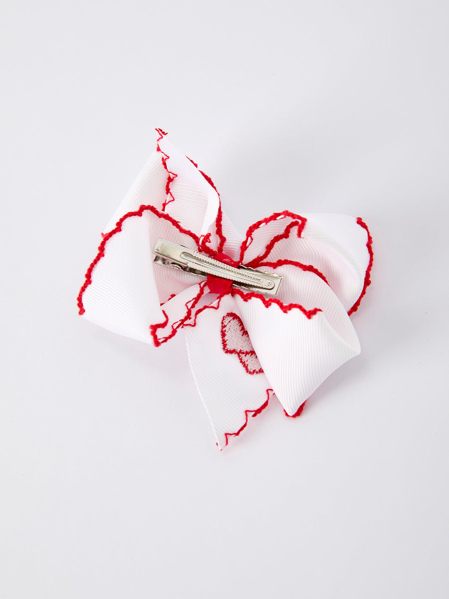 Valentine’s Hair Bow – White Ribbon with Red Heart Embroidery