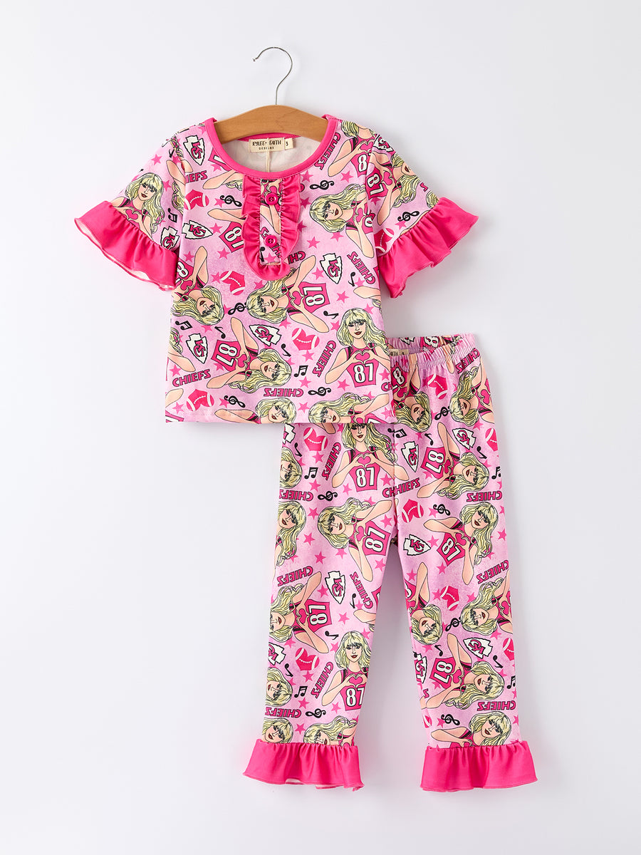 TS Pink Print Girls Pajamas with Short Sleeve Top and Long Pants