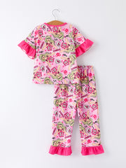TS Pink Print Girls Pajamas with Short Sleeve Top and Long Pants