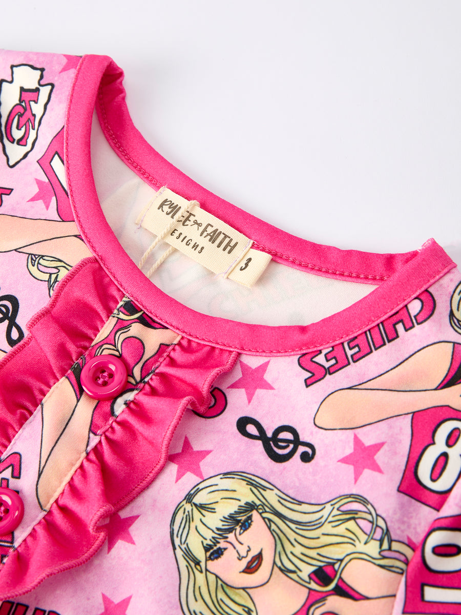 TS Pink Print Girls Pajamas with Short Sleeve Top and Long Pants