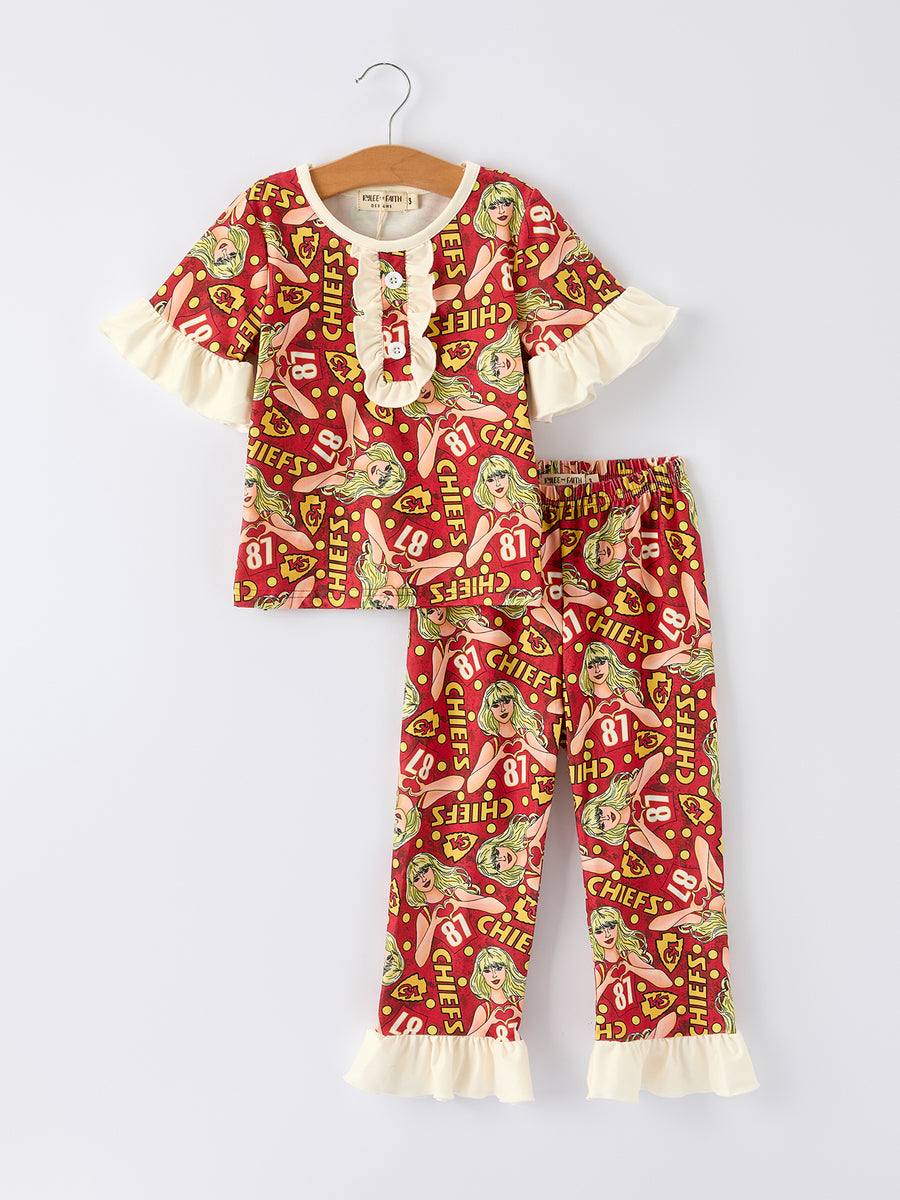 TS Red Print Girls Pajamas with Short Sleeve Top and Long Pants