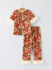 TS Red Print Girls Pajamas with Short Sleeve Top and Long Pants