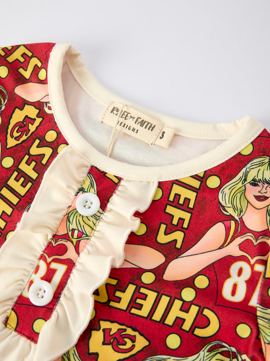 TS Red Print Girls Pajamas with Short Sleeve Top and Long Pants