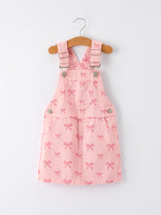 Valentine's Day Pink Bow Denim Overall Dress for Girls