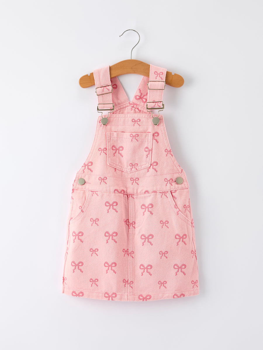 Valentine's Day Pink Bow Denim Overall Dress for Girls