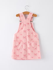 Valentine's Day Pink Bow Denim Overall Dress for Girls