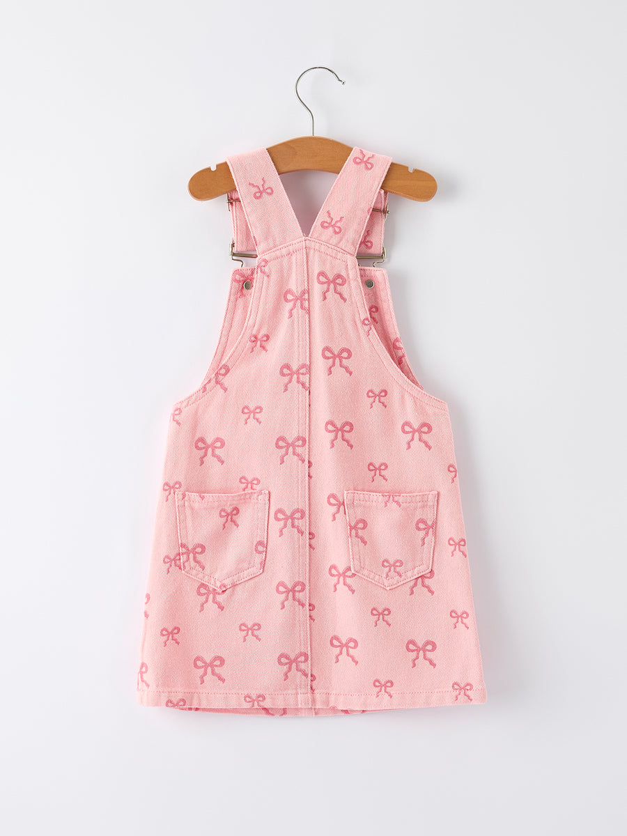 Valentine's Day Pink Bow Denim Overall Dress for Girls