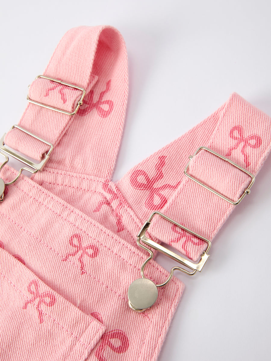 Valentine's Day Pink Bow Denim Overall Dress for Girls