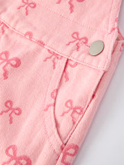 Valentine's Day Pink Bow Denim Overall Dress for Girls