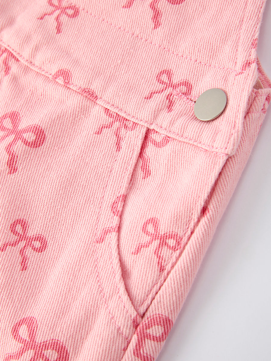 Valentine's Day Pink Bow Denim Overall Dress for Girls