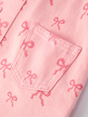 Valentine's Day Pink Bow Denim Overall Dress for Girls