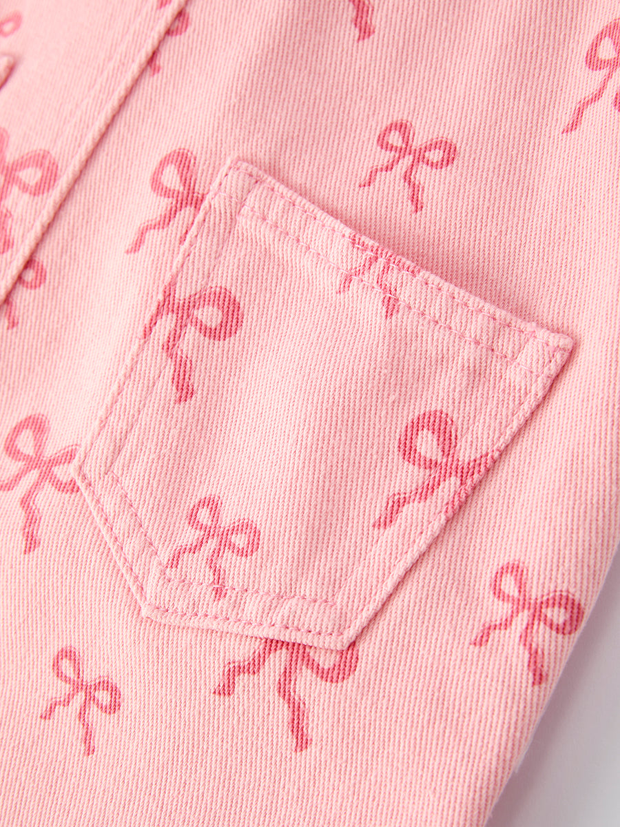 Valentine's Day Pink Bow Denim Overall Dress for Girls