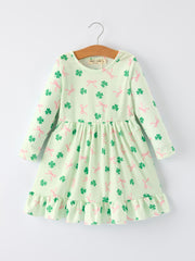 St. Patrick's Day Bow Shamrock Print Ruffles Girls Dress