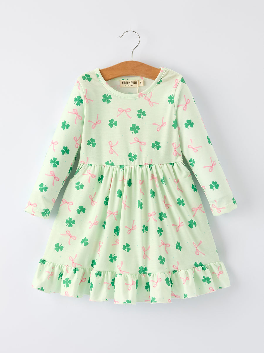 St. Patrick's Day Bow Shamrock Print Ruffles Girls Dress